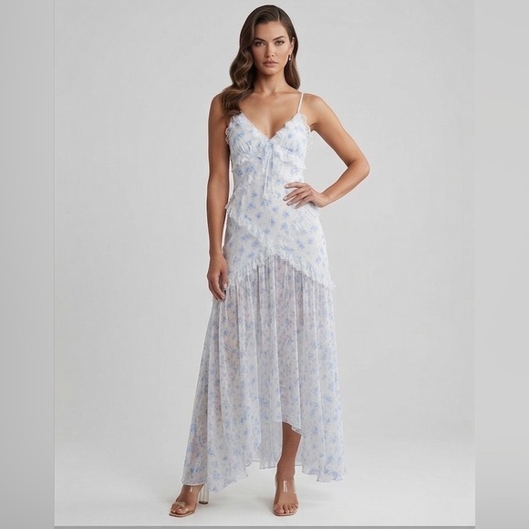 By Design Dresses & Skirts - LAST ONE 🔥 Floral Chiffon Ruffle High-Low Maxi Dress Blue